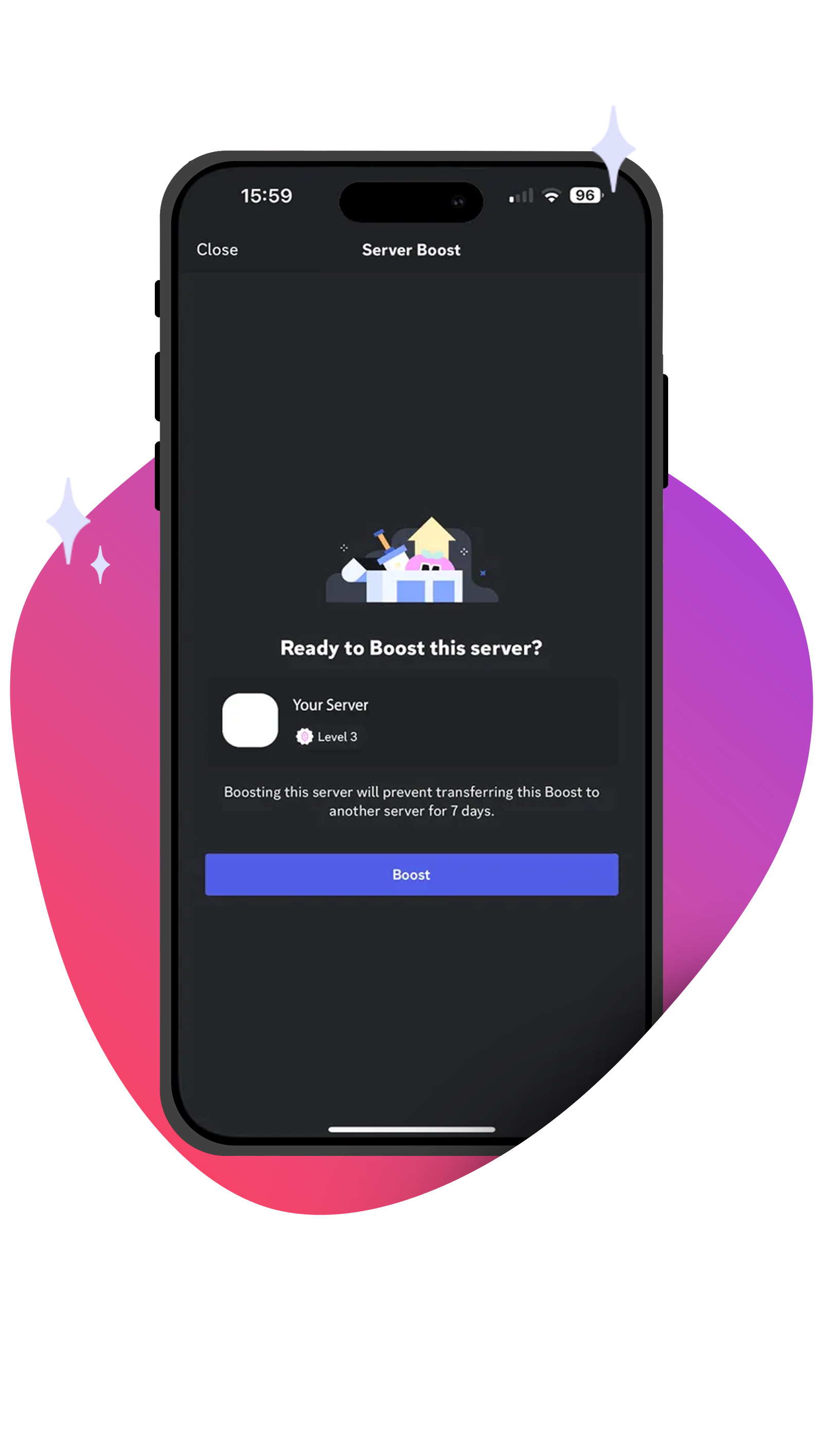 Discord mobile app interface showing boosted server with premium Nitro perks, custom emojis, HD voice channels, and server level upgrades